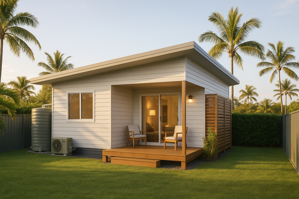 Rear-yard hero, dusk, Modern skillion Colorbond, FC weatherboards + timber deck, two deck posts, timber batten privacy screen, Sir Walter turf, palms + lilly pilly hedge, rainwater tank and split-system condenser, neat Colorbond side fence, no watermark. single skillion roof structure and more light, with palms in the background